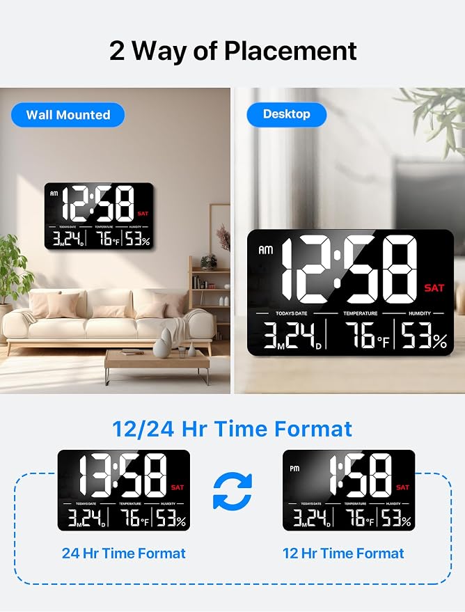 MASHI 13" Large Display Digital Clock, Alarm, Date, Temperature, DST | Remote control & 6-level dimmer. Shows day, humidity. Plug-in; memory backup. For desk, wall, gift for elderly