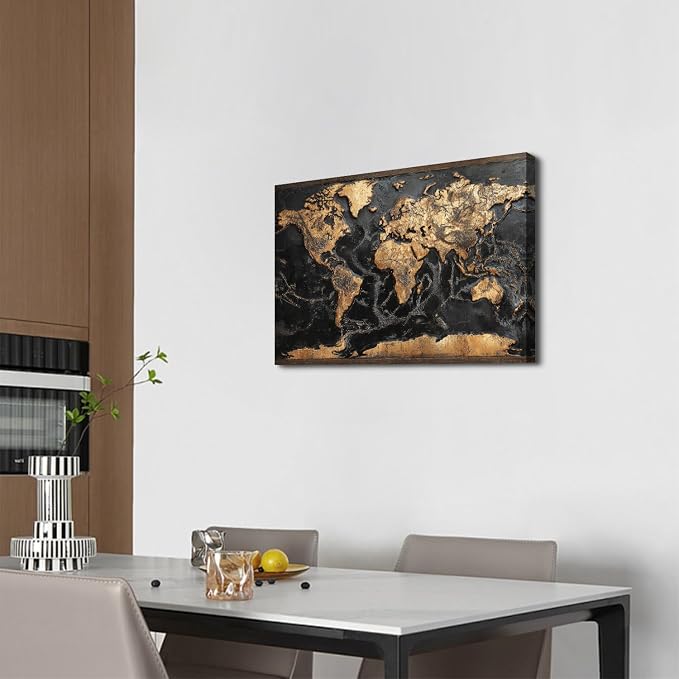 Abstract World Map Wall Art Black and Gold Wall Decor for Living Room Vintage Modern Office Canvas Painting Global World Maps for Wall Decorations Nautical Theme Poster Artwork Home Decor 16x24”