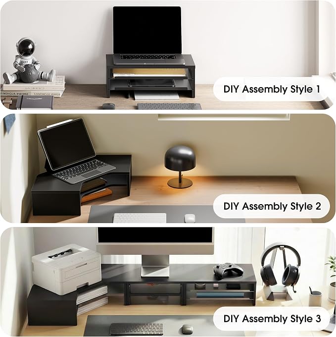 Fenge Dual Monitor Stand, Corner Desk Shelf with Drawer & Slide-Out Tray | Modular Design for Flexible Layouts, 2-Tier Storage Desktop Organizer for Computer, Laptop, Printer and Telephone