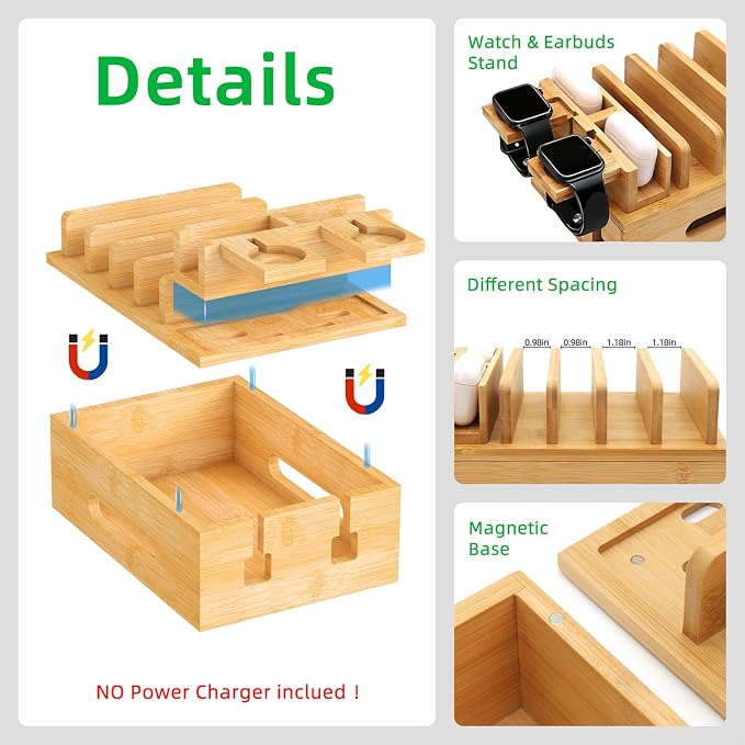 Bamboo Charging Station for Multiple Devices, Desktop Organizer Docking Station, Natural Bamboo Desk Storage Stand for Phone, Tablet, Earbuds, Smart Watch (Power Adapter Not Included)