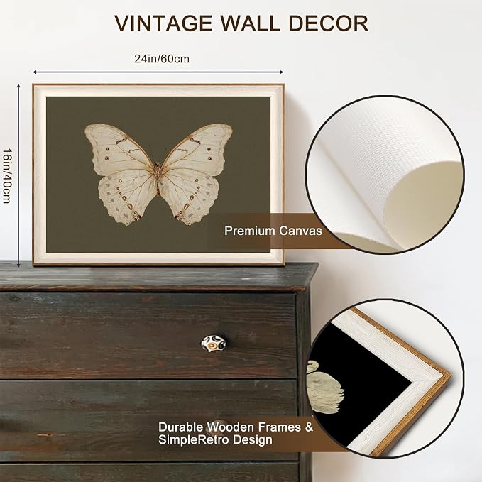 Uniro Vintage Framed Wall Art, Classical Butterfly Oil Paintings, Dark Moody Insect Canvas Prints Artwork with Antique Frame, Saige Green Wall Decor Pictures for Bedroom, Kitchen, Shelf, Bathroom Wall Decor, Cottagecore Room Decor - 16x24Inch