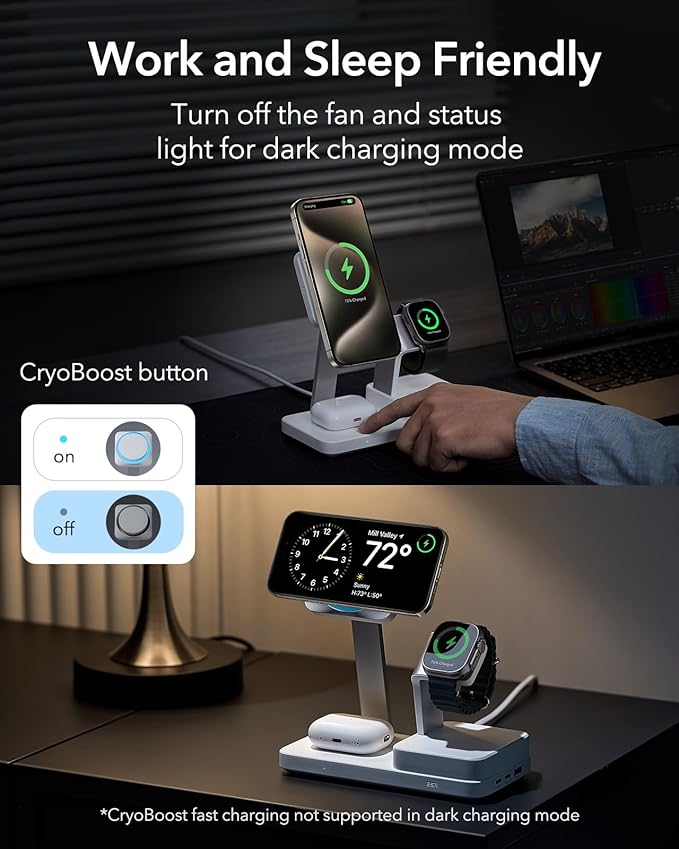 ESR 100W 6-in-1 GaN Charging Station with CryoBoost, Compatible with MagSafe Charger Stand, Magnetic Wireless Charger for iPhone 17e/17/16/15/14/13/12, Apple Watch, AirPods Pro/3/2, Classic White