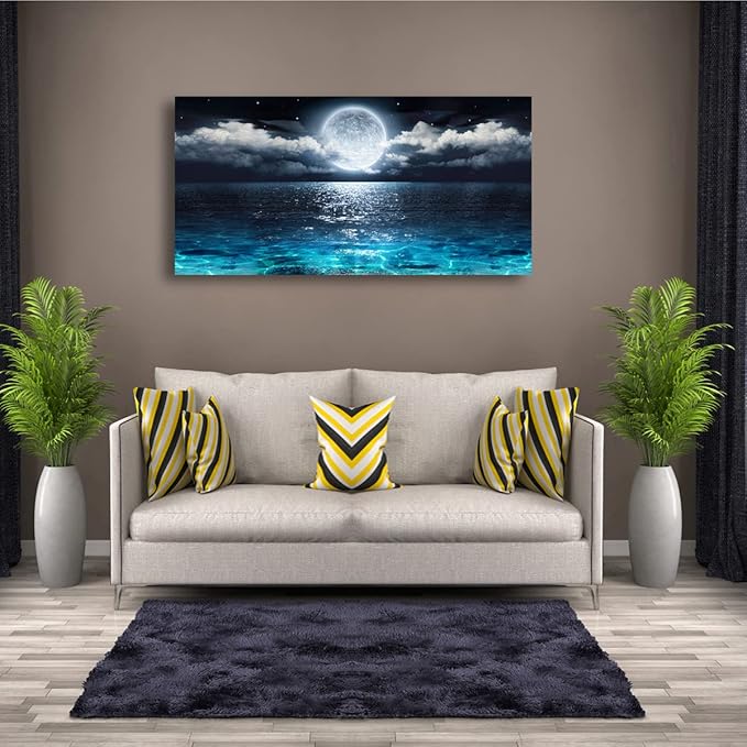 Wall Art Moon Sea Ocean Landscape Picture Canvas Wall Art Print Paintings Modern Artwork for Living Room Wall Decor and Home Décor Framed Ready to Hang,28x57inches,1inch Thick Frame,Waterproof Artwork