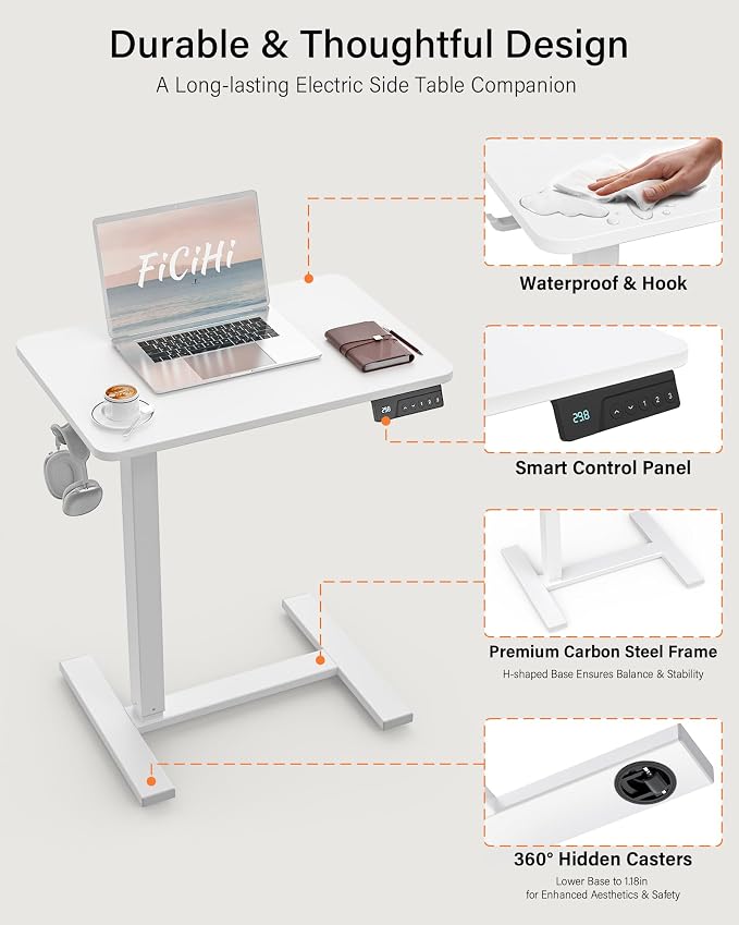 FiCiHi Electric Standing Desk with Wheels – Adjustable Height Mobile Sit-Stand Laptop Table, Portable Rolling Small Computer Workstation for Home Office & Bedside Use (28"x16", White)