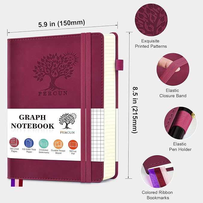 PERCUN A5 Hardcover Graph Paper Notebook, 5.9”x8.5” Leather Journal for Women & Men, 160 Pages Grid Paper Composition Notebook for Work, School, Math, Quad Ruled Writing Journals,Graphing (Burgundy)