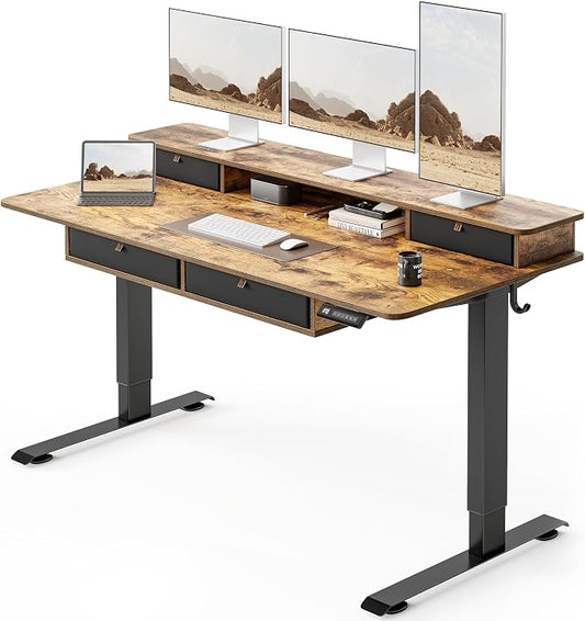 FEZIBO 60 x 30 inch Standing Desk with Drawers, Height Adjustable Electric Workstation, Computer Sit Stand Up Table with Large Storage Shelf 4 Drawers and 2 Hooks, Rustic Brown | Height Adjustable Workstation, Computer Sit Stand Up Office Table with La...