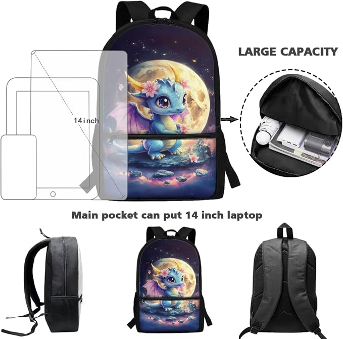 WELLFLYHOM Moon Dragon Elementary School Backpack for Girls, Cute 4PCS Set Backpack with Lunch Box for Kids 6-11, 17 Inch Bookbag with Adjustable Strap for All Day School