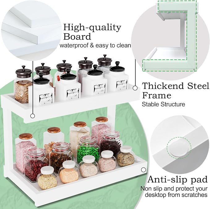 MARTY Counter Shelf Organizer, 2 Tier Spice Rack for Countertop, White | Coffee Bar/Station/Syrup Organizer for Countertop, 15.75''Lx8.9"W Large Desk Shelf Riser, for Kitchen Bathroom Bedroom Office