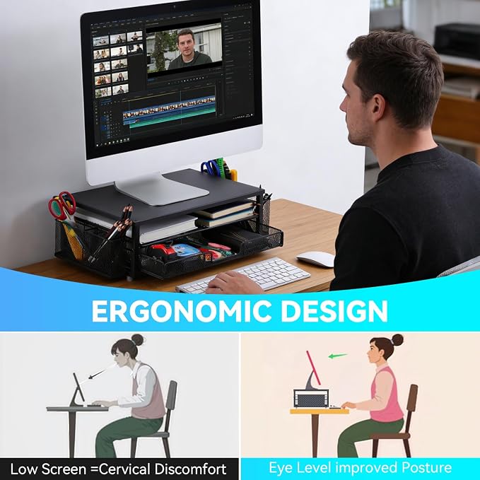 2-Tier Monitor Stand with Drawer, Laptop Stand with Storage for Desk, Heavy Duty Iron Computer Stand Riser & Desk Organizer with Drawers, Home Office Mesh Shelf for Monitor up to 32 Inch (Black)