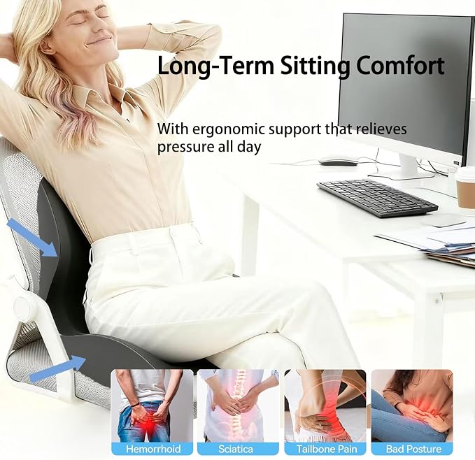 Back and Seat Cushion for Office, Back & Tailbone Pain Relief, Raised Cushion for Lumbar and Butt, Double-Sided Anti-Slip, Improves Sitting Posture, Ergonomic Memory Foam Lumbar Cushion (Dark Gray)