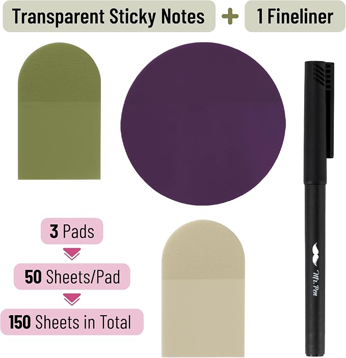 Mr. Pen- Transparent Sticky Notes Set, 150 Sheets | Transparent Sticky Notes with Black Fineliner Pen for Bible Study, Office, School, Planning, Journaling & Organization