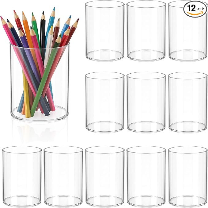 Mototo 12PCS Clear Acrylic Pen Holder Pencil Cup Office Desk Organizer Case | Toothbrush Utensil Holder Marker Makeup Brush Organizer Pencil Box Coffee Stirrers Storage Container for Classroom Counter