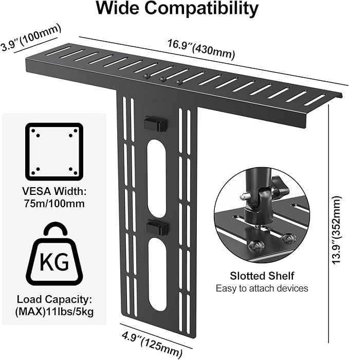DSLR Monitor Mount Hold up to 11 lbs, Monitor Top Shelf for Livestream Device, Camera Mount, Webcams, Microphones, Lighting and More, Fits VESA Mount 75/100mm, Height Adjustable
