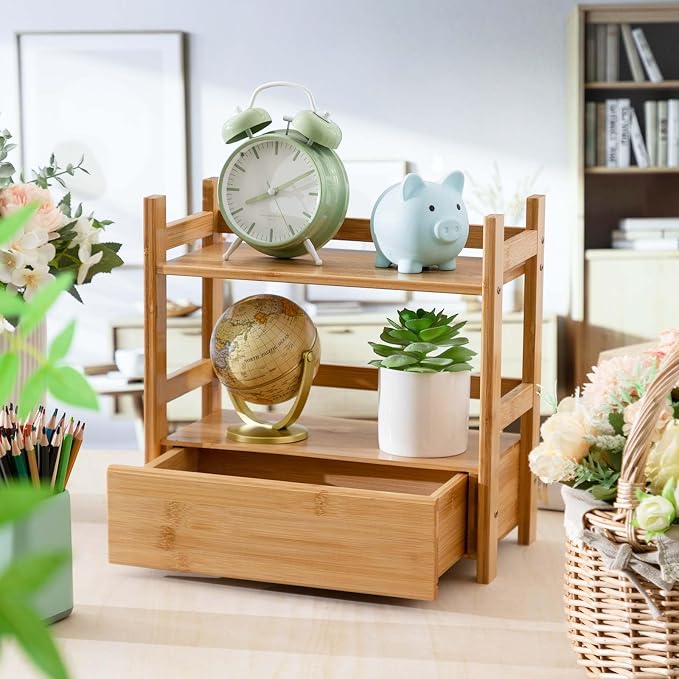 2 Tier Matcha Station Bamboo Organizer with Hidden Drawer, Wood Home Coffee Station Organizer for Kitchen Countertops, Coffee Bars, Kitchen & Office Storage(13 L x 6.5 W x 12.6 H)(Natural)