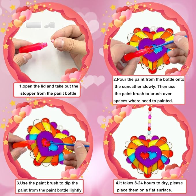 AUEKIV Valentines Suncatcher Crafts Kit 24sets Heart DIY Window Paint Art Suncatchers,Bear Sun Catchers for Valentine's Day Mother's Day Gift Exchange Classroom Art Project Party Favors