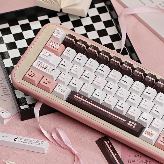 PBT Keycaps, Cute Keycaps 60 65 75 100 Percent, Dye Sublimation Custom Key caps, Pink White Brown 145 Keys Set, Cherry Profile Aesthetic Keycap Set for Cherry Gateron MX Switche Keyboard