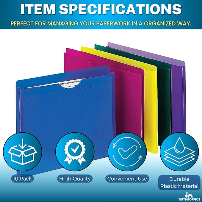 1InTheOffice File Folders, Plastic, Assorted Colors, Letter Size, Expandable, 20 Pack