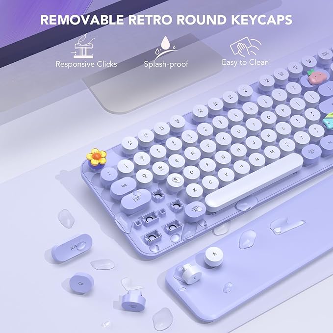 Wireless Keyboard, Round Keycaps, Retro Typewriter Keyboard with Detachable Wrist Rest, Sleep Mode, Foldable Legs, 2.4GHz Full-Size Cordless Computer Keyboard for Windows/PC/Laptop (Colorful-Purple)