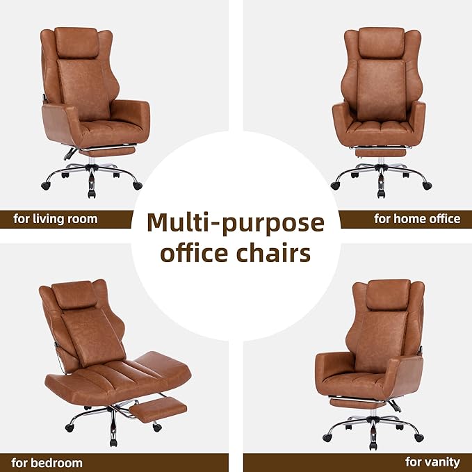 DYHOME Brown Leather Office Chair with Massage and Footrest, Heavy Duty Task Desk Chairs, Swivel Ergonomic Computer Gaming Chairs with Lumbar Support, Wheels Flip-up Arms Adjustable Height