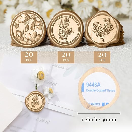 UNIQOOO Wax Seal Stickers - (3 Designs in 1 Pack) Wedding Invitation Envelope Seal Stickers, 60 Pcs Self-Adhesive Stickers, Perfect for Invitation, Christmas, Gift Wrapping (Light Gold)
