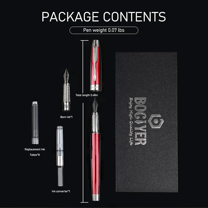Fountain Pen with Fine Nib & Black Ink, Refillable & Elegant Bent Nib Design, Calligraphy Pens for Writing, Best Fountain Pen for Smooth & Fancy Writing(Grey)