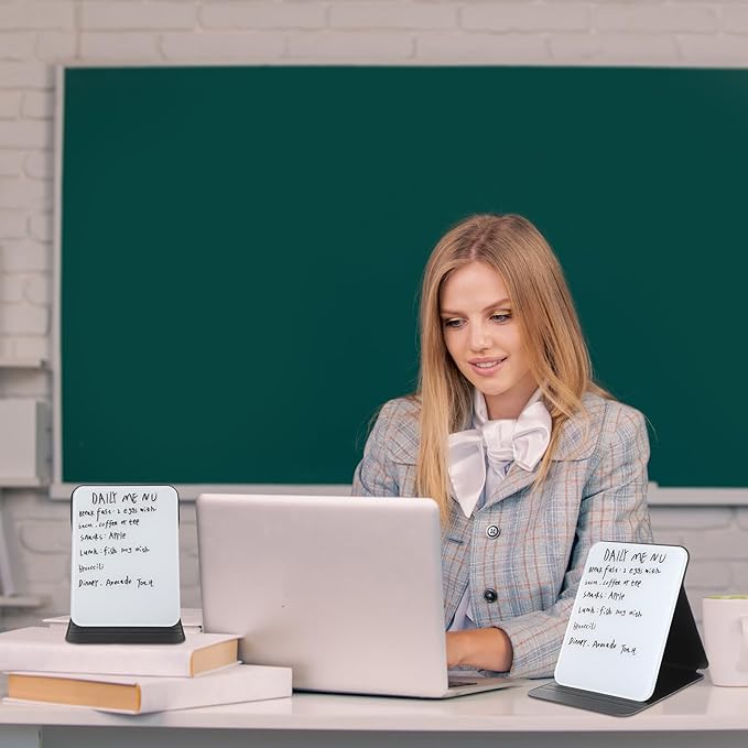 4 Pcs Small Glass Desktop Whiteboard with Reversible Stand 8‘' x 6‘' Tabletop Mini Dry Erase Whiteboard Easel with 4 Markers Reusable Desk Notepad for Home Office School(Black)