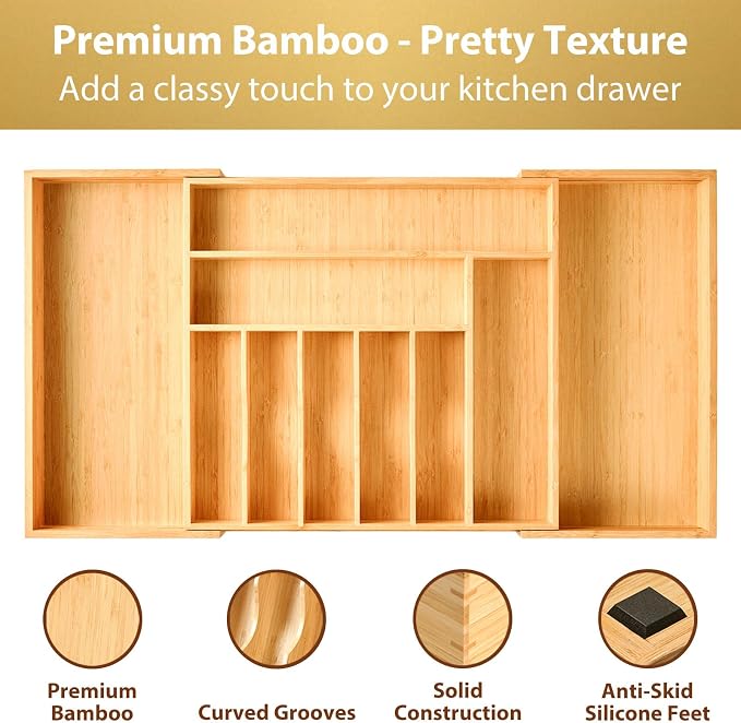 Extra Large Expandable Kitchen Siverware Utensils Drawer Organizer, 19" Deep for Big Drawer, Adjustable Bamboo Wood Drawer Divider with Curved Grooves, Cutlery Tray Flatware Holder