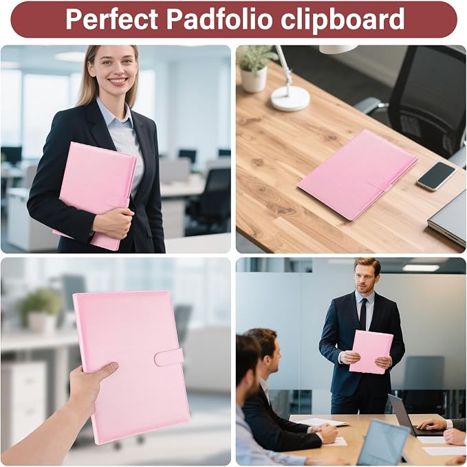 Professional Padfolio,Pink Faux Leather Portfolio Binder | Includes clipboard,business card holder and document storage for office,conference,interviews,resume papers and business use
