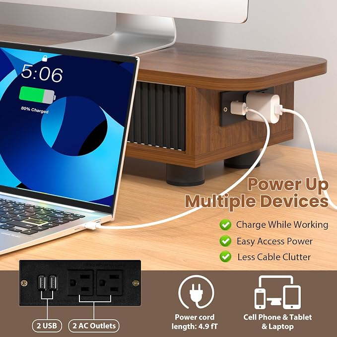 Artswish Dual Monitor Stand with Power Outlet, Brown Desk Monitor Riser | 2 AC Outlets & 2 USB Ports, RGB Lighting, Sliding Storage, Flexible Side Shelf, Desk Riser for Office, Work and Study