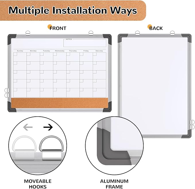 Monthly Calendar Whiteboard for Wall, 17x13 Inches Dry Erase Board with Cork Board Combo, Small Magnetic White Board, Double-Sided Hanging Portable Board for Office School Home Kitchen Planner Memo