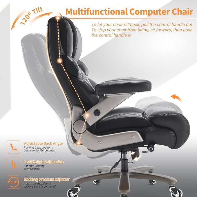 VUZI 700lbs Big and Tall Office Chair, Large Executive Leather Desk Chair | Adjustable Lumbar Support for Back Pain, Plus Size Wheels, 3D Flip Arms, Heavy Duty Metal Base, Wide Seat Computer Chair
