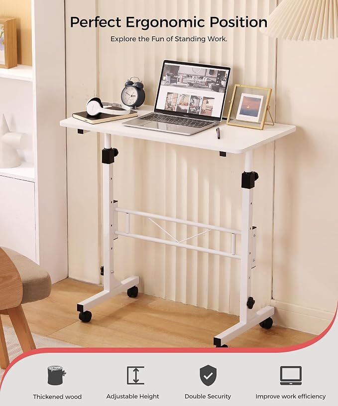 KLSMYHOKI Standing Desk Adjustable Height, Mobile Stand Up Desk with Wheels Small Computer Desk Rolling Desk, Portable Laptop Desk White Standing Table Home Office Desks 16"x31.5" Height 27"-43.5"