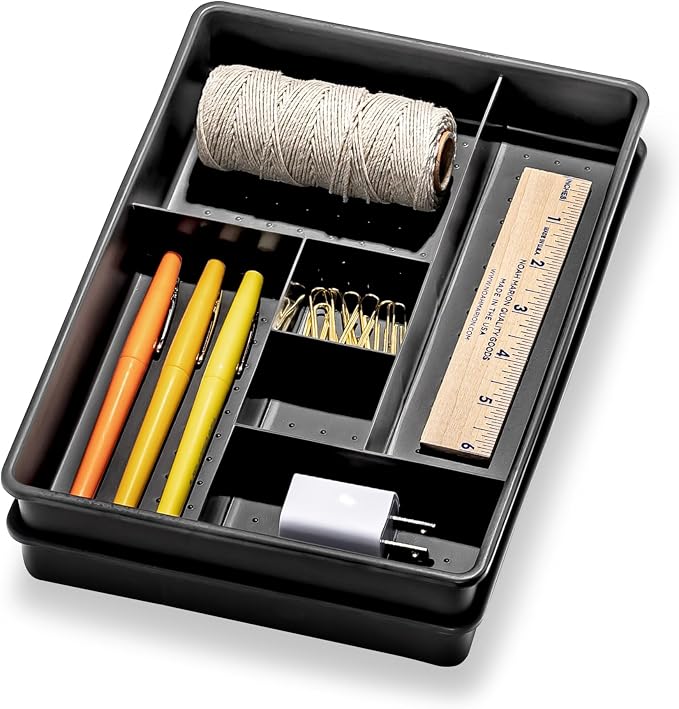 madesmart Classic 2 Piece Drawer Organizer, Granite | rounded corners, 12 compartments, open sections, cords tech accessories, office craft supplies, woman owned