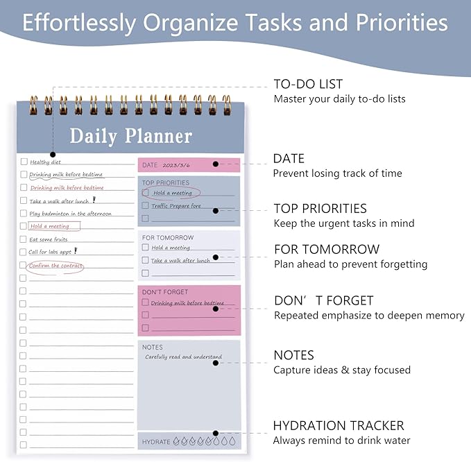 Newkita 30 Sheets Undated Daily Planner Memo Pad, 5.1x7.8 Inch To Do List Notebook, Multiple Functional Checklist Notepads for Office, School and Home (Blue)