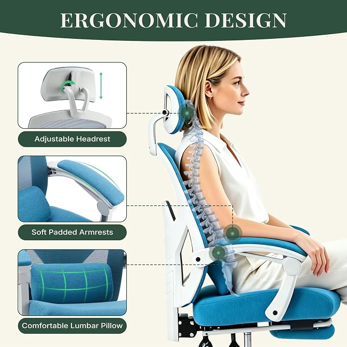 Ergonomic Office Chair with Footrest, High Back Home Desk Chair with Lumbar Support & Headrest, 90-135° Reclining Mesh Back Computer Chair with Wheels for Work, Gaming, Blue