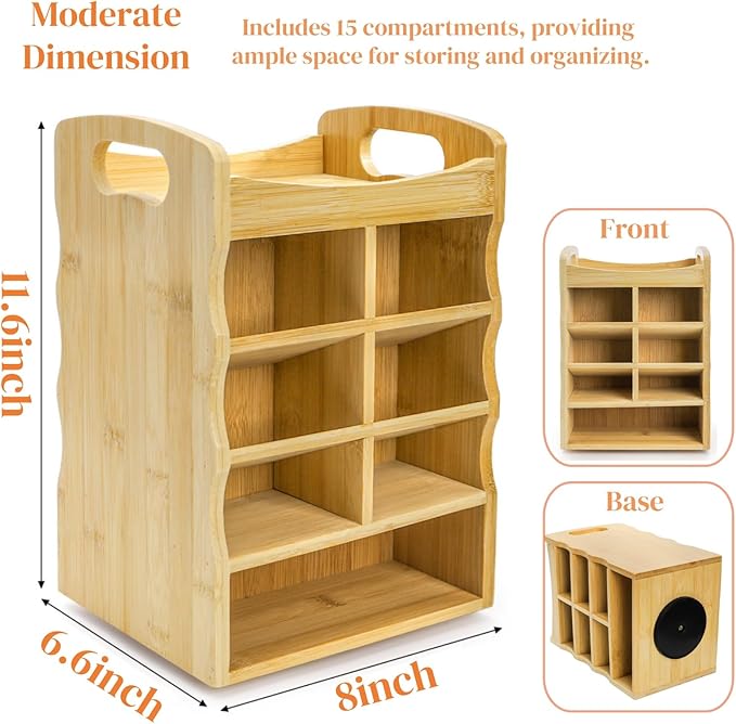 Bamboo Art Supply Organizer, 360° Rotating Pen Holder with Handle, Holds 400+ Pencils, 15 Compartments Desktop Storage Stationary Caddy for Colored Pencil, Pens, Art Brushes, Crayon