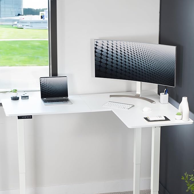 VIVO Corner Standing Desk, 63 x 47 inch Reversible L-Shaped Workstation, Electric Height Adjustment, Home, Office, and Reception Rooms, White Table Top White Frame, DESK-E3CTW-47