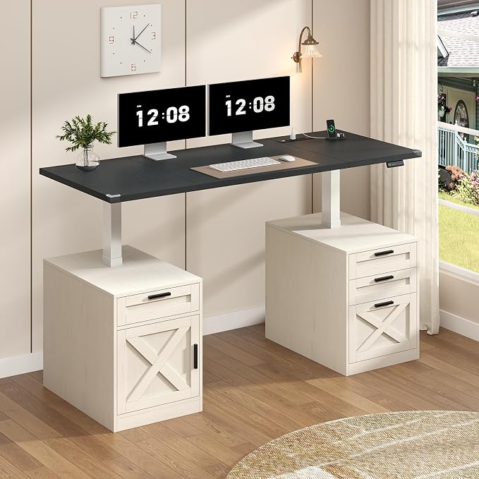 YOMILUVE 60" Farmhouse Electric Standing Desk with Drawers for Home Office | Height Adjustable Computer Desk with 4 Drawers & Storage Shelves, Wood Sit Stand Desk with Power Outlets for Work, Study