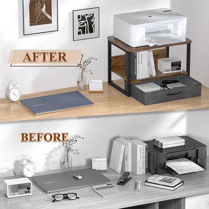 MARTY Desktop Printer Stand with Storage Drawer, Printer Riser for Desk | 2 Tier Printer Shelf, Small Printer Table for Home Office, for Fax Machine Copier Scanner, Desk Organizer, 17.1"x12.4", Brown