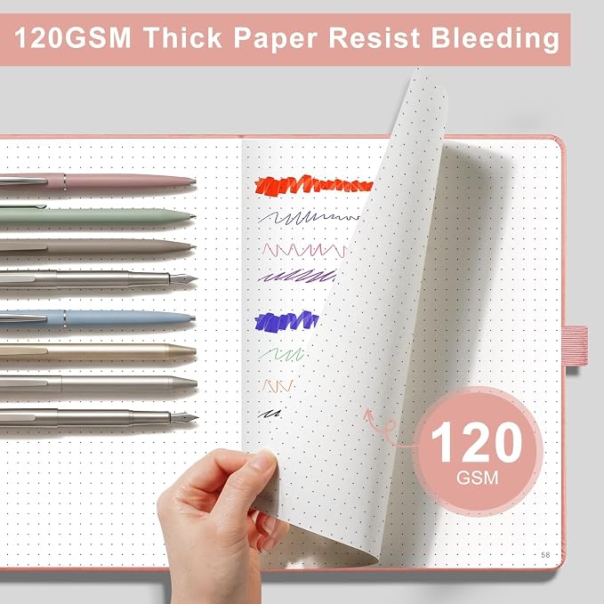 AHGXG Dotted Journal Notebook, 160 Numbered Pages, A5 Medium Size (5.7'' x 8.3''), 120 GSM Thick Paper, Leather Hardcover, for Journaling, Planning, Tracking (Pink)