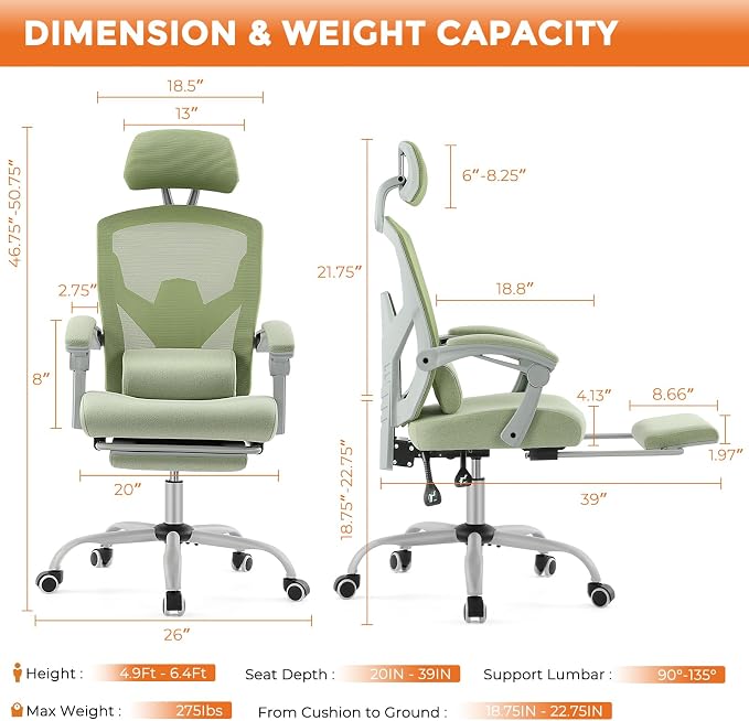 Sweetcrispy Office Computer Desk Chair Set of 2, Ergonomic High-Back Mesh Rolling Work Swivel Chairs with Wheels, Comfortable Lumbar Support, Comfy Arms for Home, Bedroom, Study, Student, Green