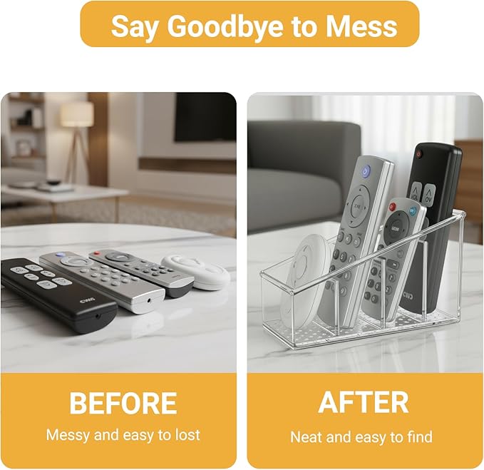 TV Remote Holder, Remote Holder for Table, Remote Control Caddy, Clear PET Remote Control Organizer with 4 Storage Compartments, Mini Desktop Remote Storage for Household, Bedside, Living Room (2)