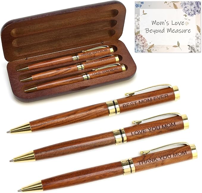 Renawe Cool Wooden Pens with Pen Box Gift for Mom Mother In Law Christmas Gifts for Mother's Day Gift Birthday Ideas Cute Engraved Pens Unique Presents for New Mom from Daughter Son