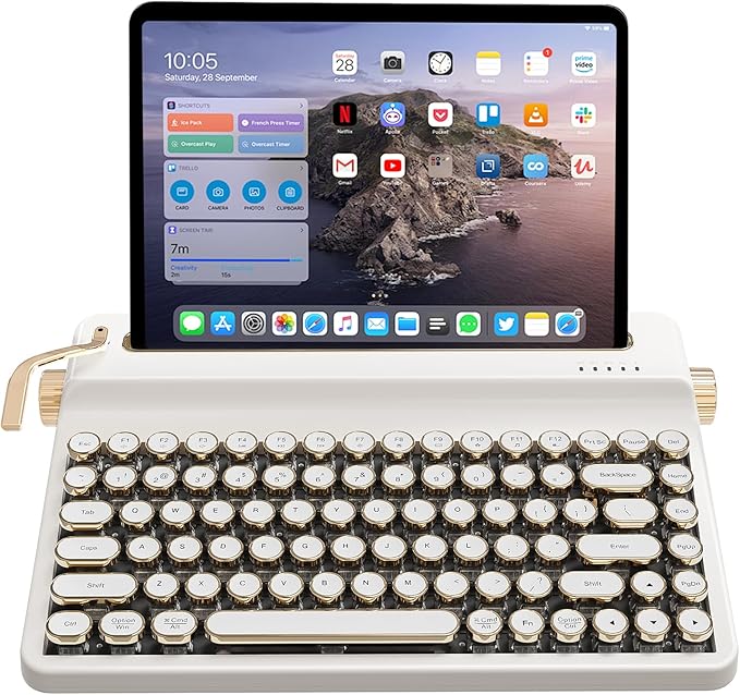 YUNZII QL75 Wireless Typewriter Hot Swap Retro Mechanical Keyboard,Punk Round Keycaps,RGB Backlit QMK/VIA Programmable, Multi-Device Keyboard with 2.4GHz/Type-C/BT5.0 (White, Onyx Switch)