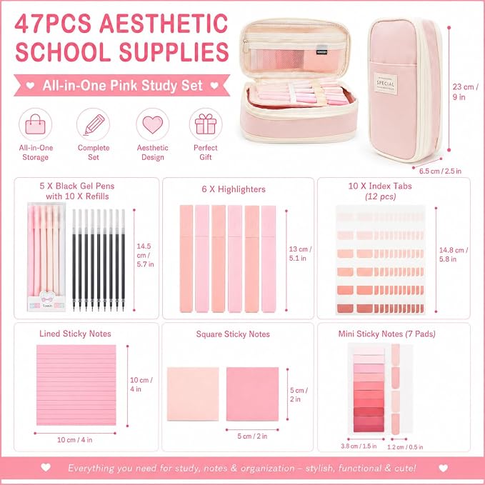 47Pcs Aesthetic School Supplies with Pencil Pouch - Cute College Essentials Set, Big Capacity Pen Case, Pastel Highlighters, Bible Study Journaling Stationary Kit (Pink)