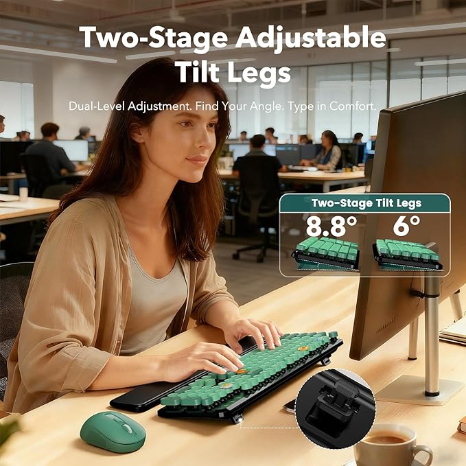Wireless Keyboard and Mouse Combo-Round Keycaps, Full-Size Retro Typewriter Keyboard with Detachable Wrist Rest, Sleep Mode & Tilt Legs, 2.4GHz Cordless Connection for Mac/Windows/PC (Black & Green)