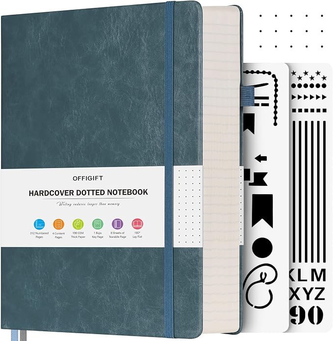 Bullet Dotted Journal Notebook, 312 Numbered Pages A5 Hardcover Leather Journal, 100gsm No Bleed Paper Dot Grid Notebook with Index Pages, Dot Journal for Women Men, 5.75" x 8.38", Grey Blue