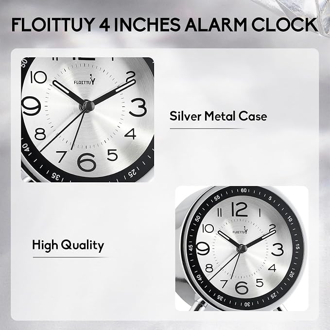 FLOITTUY Super Silent Metal Alarm Clock,Beep Wake Round Alarm Clock with Strip Night Light,Battery Operated,Easy Set,Simple & Retro for Desk, Bedroom and Home Decoration(Metallic Silver)