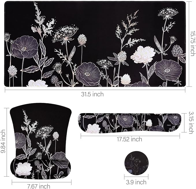 MOSISO Keyboard Mouse Pad Set, Large Gaming Mouse Pad&Keyboard Wrist Rest&Mouse Wrist Rest&Coaster, Ergonomic Non-Slip Retro Flower Floral Mousepad with Raised Memory Foam for Home Office, Black