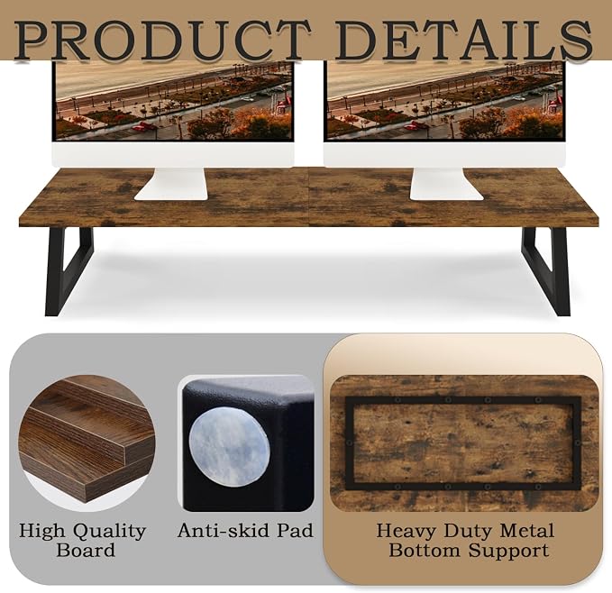 TEAMIX 31.5 inch Dual Monitor Stand Riser, TV Riser, Wood Desk Organizer | For 2 Monitors/Laptop/Printer, Long Computer Stand, Wood & Steel, Holds 150 lbs, PS5/Keyboard Storage, For Home Office Gaming